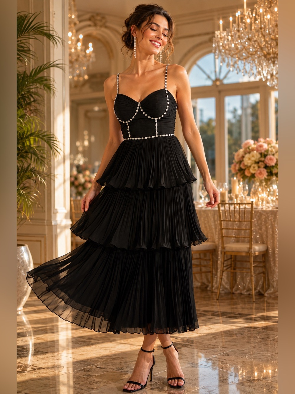 Self-Portrait AW22 Black Rhinestone Tiered Chiffon Midi Dress US 2 UK 6